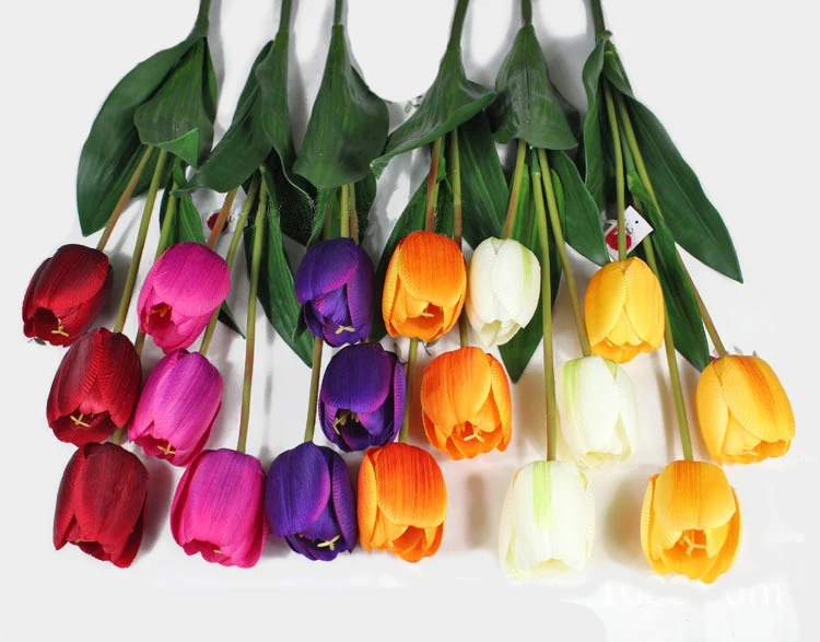 Qihao Lifelike 3 Heads Silk Artificial Tulips Flowers with PU Real Touch Leaf for Home Office Wedding Decoration