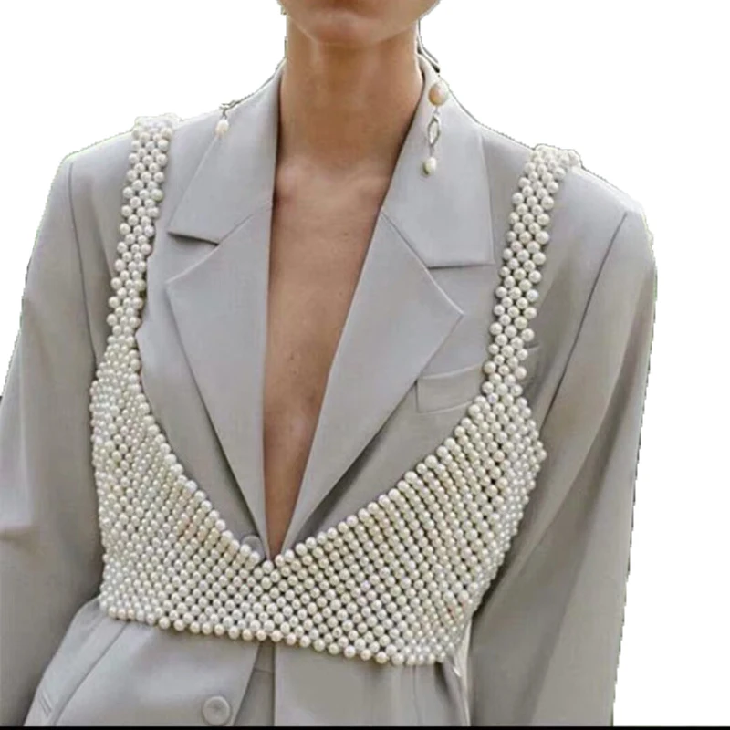 Wholesale Body Jewelry Bra Waist Belly Chain White Pearl Tops Halter Jewelry Summer Bikini Sexy Body Chain Hollow Vest Blouse