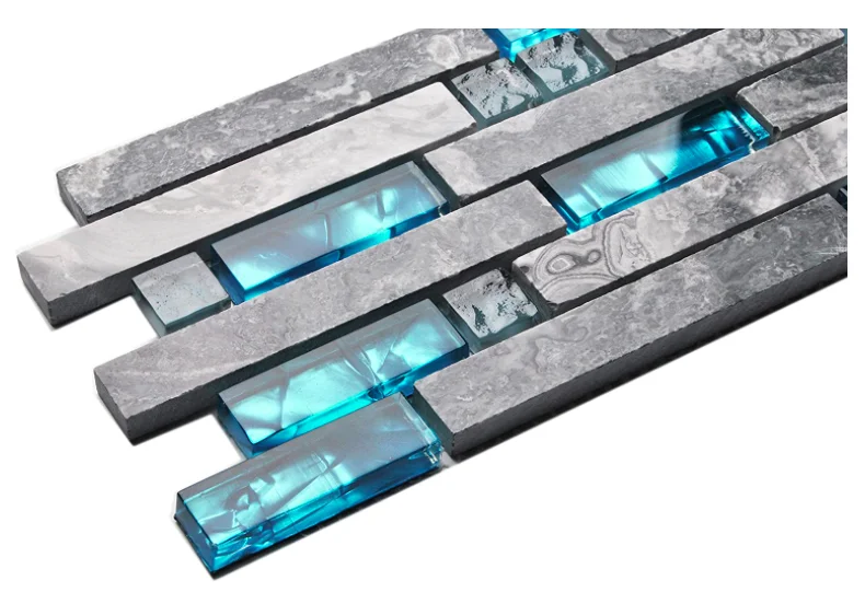DS Polished Gray Marble and Teal Blue glass mosaics Random Interlocking tiles Kitchen Bathroom designed by