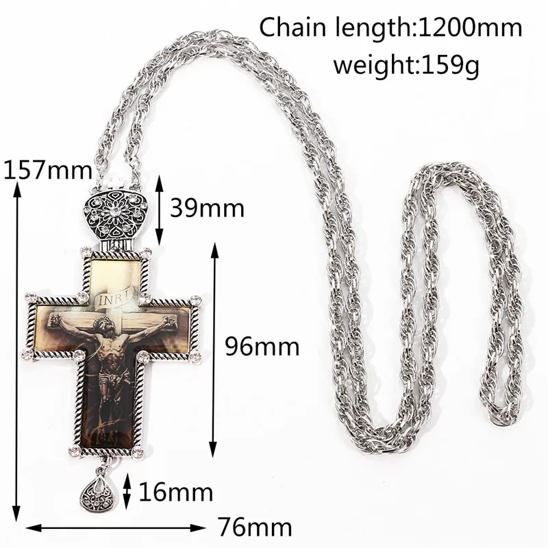 European Greek Russia Style Orthodox Religious Cover Chain Shinny Jesus Crystal Men Women Pectoral Cross Necklace with Box