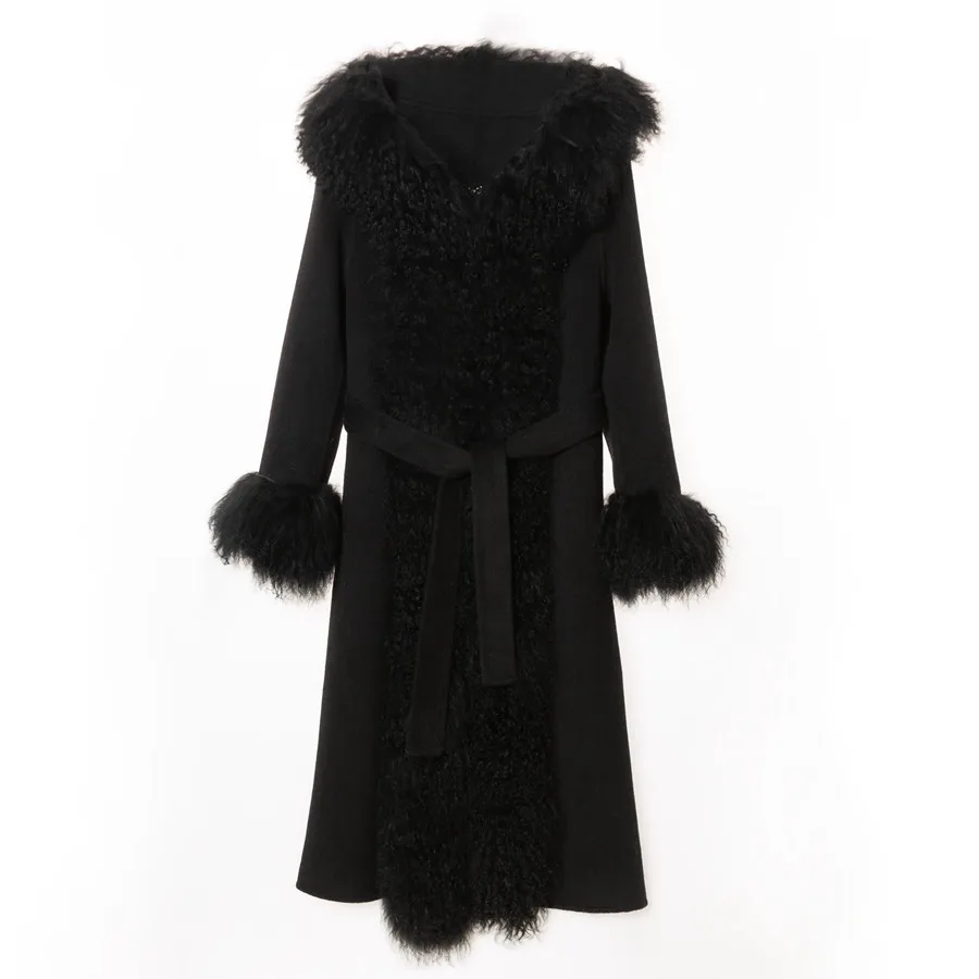 QIUCHEN  QC21029 women fashion wool coat cashmere long coats winter real mongolia sheep fur coat