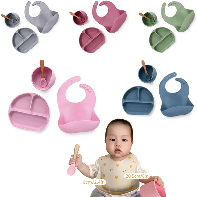 4 Pcs Custom Food Grade BPA Free Divided Kids Silicone Suction Plate Baby Feeding Set Baby Weaning Eating Set