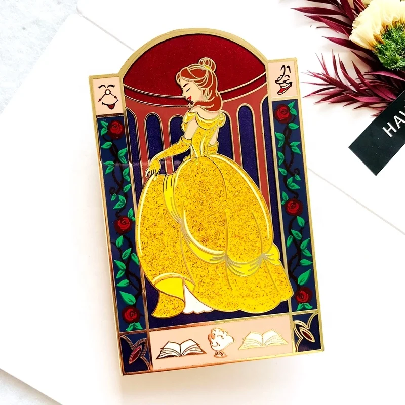 Lapel Pins Manufacturers Custom Back Stamp Belle Princess Gold Metal Plated Glitter Screen Print Fantasy Pins enamel Pins