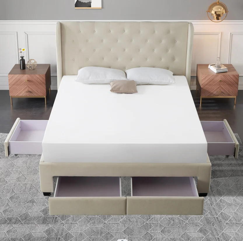 Britanny Custom Modern Beige Queen King Full Size Bed Frame With Storage Drawers Wooden Tufted Upholstered Headboard beds