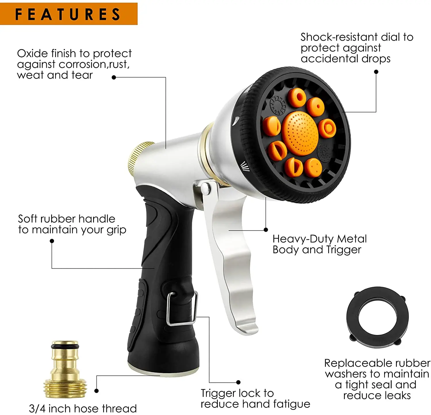 2022 Hot Sale Metal Material Multifunction Garden Hose Nozzle Spray Trigger 9 Patterns Garden Water Gun