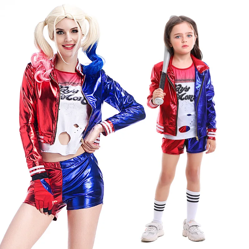 Hot Sale Kids and Adults Same Style Suicide Squad Quinn Halloween Costumes with Wig for Girls and Women
