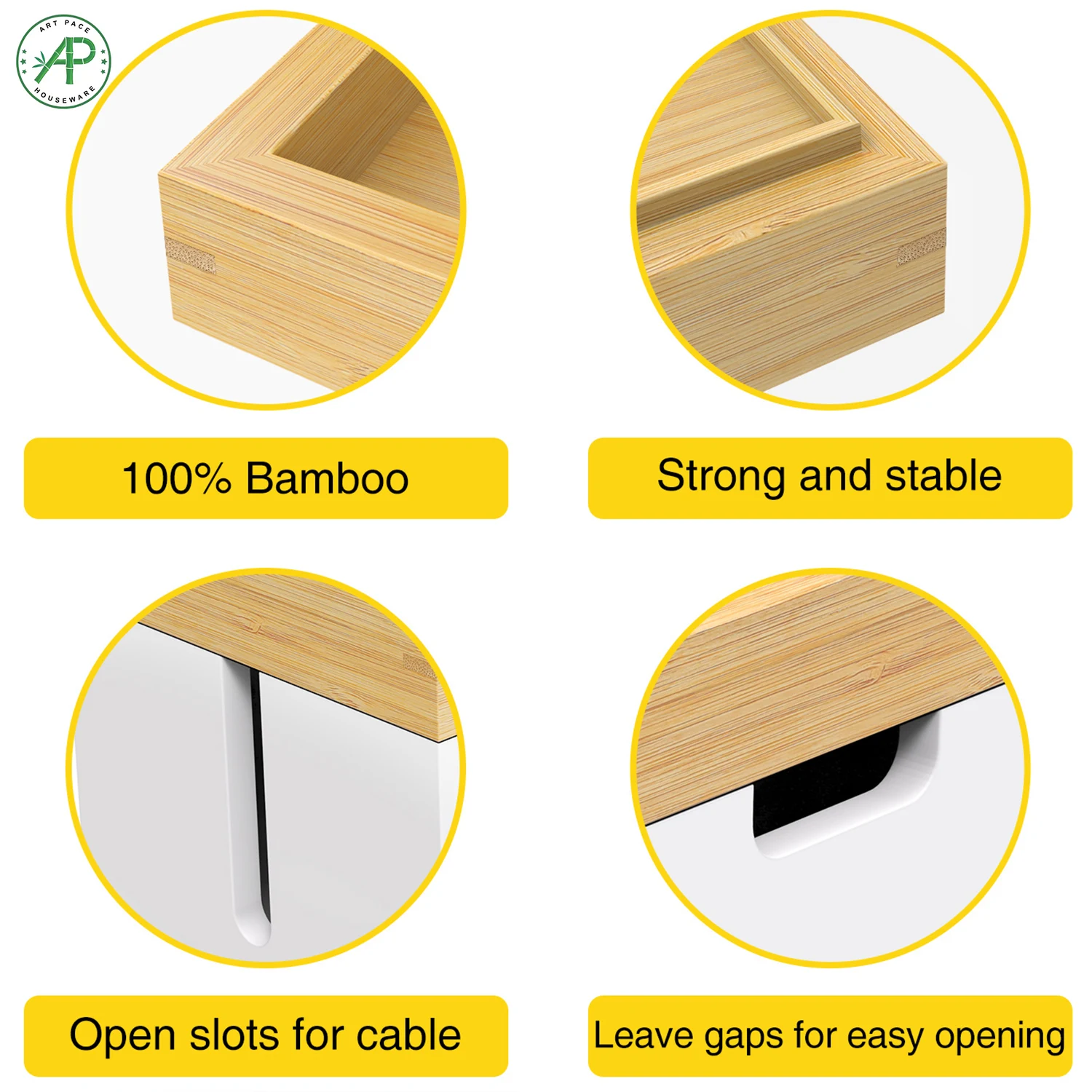 Factory Supply Large Natural Bamboo White Cable Organizer Storage Management Box to Store Chargers Power Strips Cables