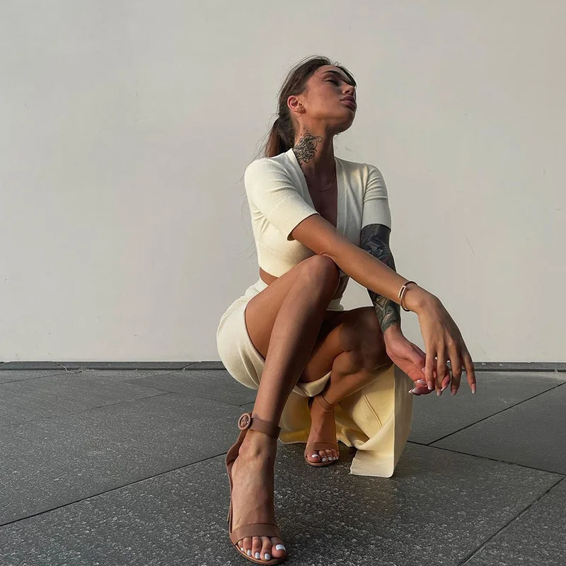 Wholesale 2022 summer new short sleeved top, Hip Wrap long skirt, two-piece set, high split fashion leisure suit