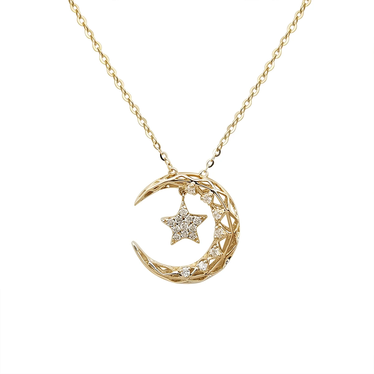 1000S Fashion Necklace Moon and Star Pendant with Diamond Necklace Gold 14K Real Custom Logo Necklaces Trendy Link Chain 2 Pcs