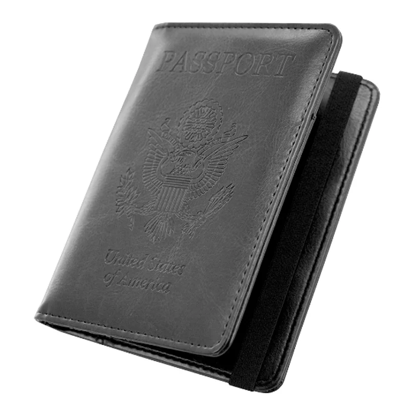 Genuine Leather Travel RFID Blocking Passport Holder Wallet Credit Cards Holder Document Organizer With Elastic Band