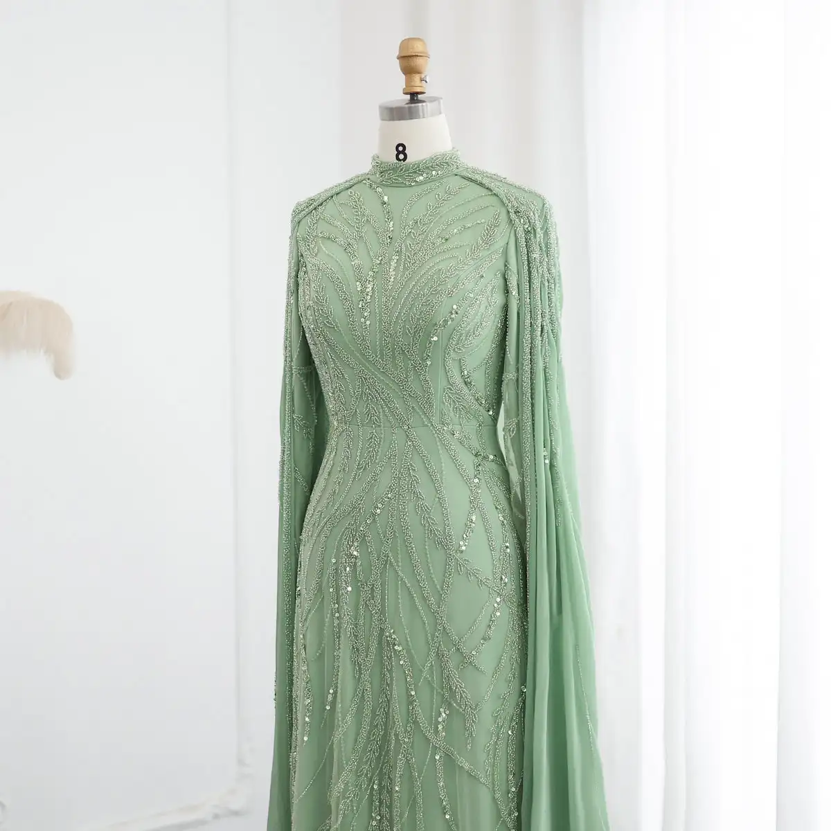 Luxury Beaded Sage Green Muslim Evening Dress With Cape Long Sleeves Arabic Dubai Women Wedding Party Gowns Lsz387