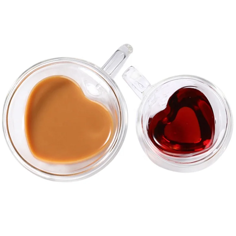 Clear Glassware Drinkware Heart Shaped Double Wall Insulated Glass Iced Coffee Mugs Latte Tea Cups