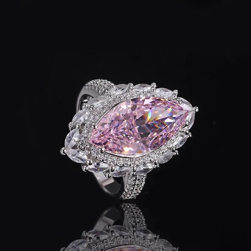 Hot sale S925 silver inlaid zircon 18K gold high carbon diamond Radiant cut big horse eye colored gemstone ladies ring jewelry