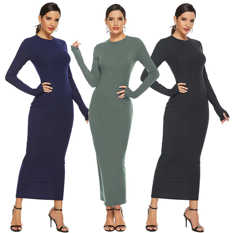 
New Design Long Sleeve Maxi Dresse Slim Long knitted Dress Women 100% Polyester Knitting Casual Dresses 