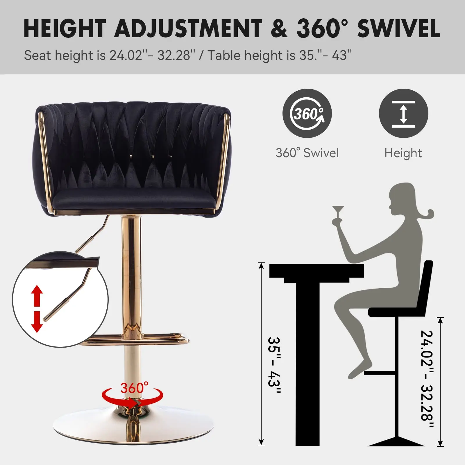 Unique Design Hot Sale Luxury Gold Height Adjustable And 360 Swivel High Chair Bar Stools For Kitchen