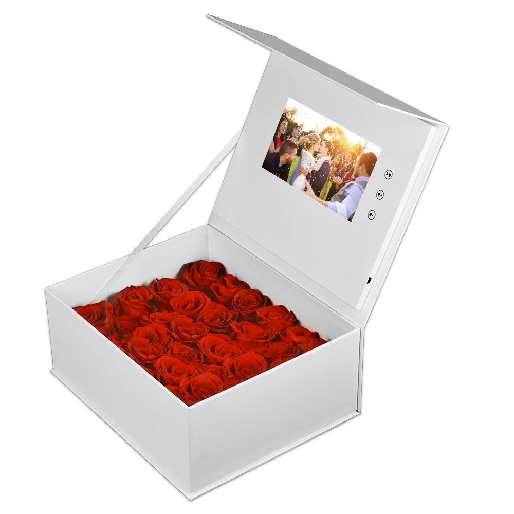 Fashionable new design promotional wedding video box lcd screen gift box with flower