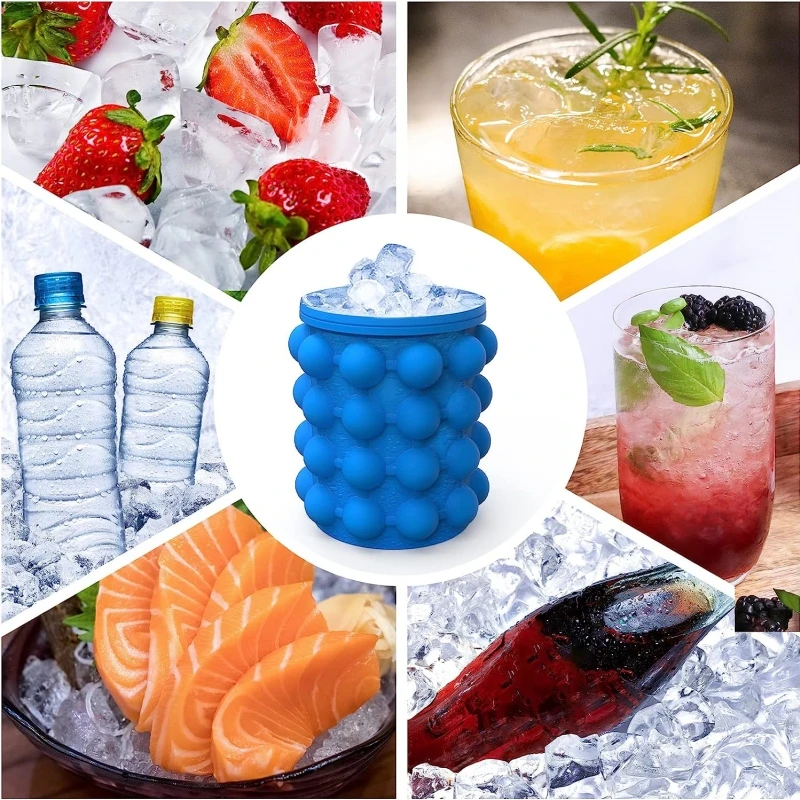 Best Seller Ice Cube Mold Trays Large Silicone Ice Bucket (2 in 1) Ice Cube Maker Round Portable (Dark Blue)