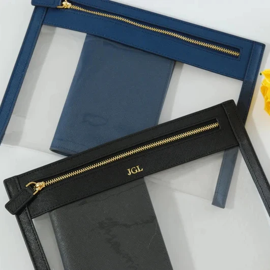 Monogrammed Genuine Leather Clear Travel Cosmetic Pouch Waterproof Flat Zipper Bag Travel Brush Organizer Make Up pouch