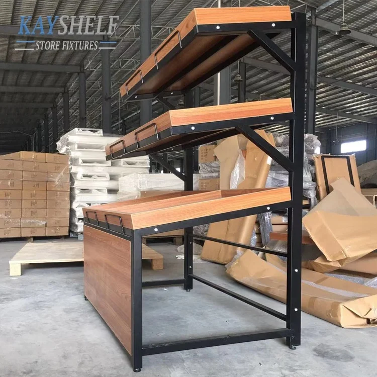 wood and metal steel structure single sided island modular gondola supermarket vegetable and fruit display shelf