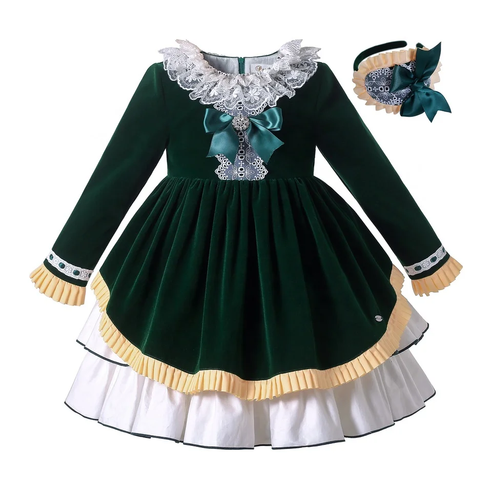 Wholesale  New Kids Girls Autumn Vintage Princess Designer Bridesmaid Spanish Green Velvet Dresses Outfits Age 2345681012Y