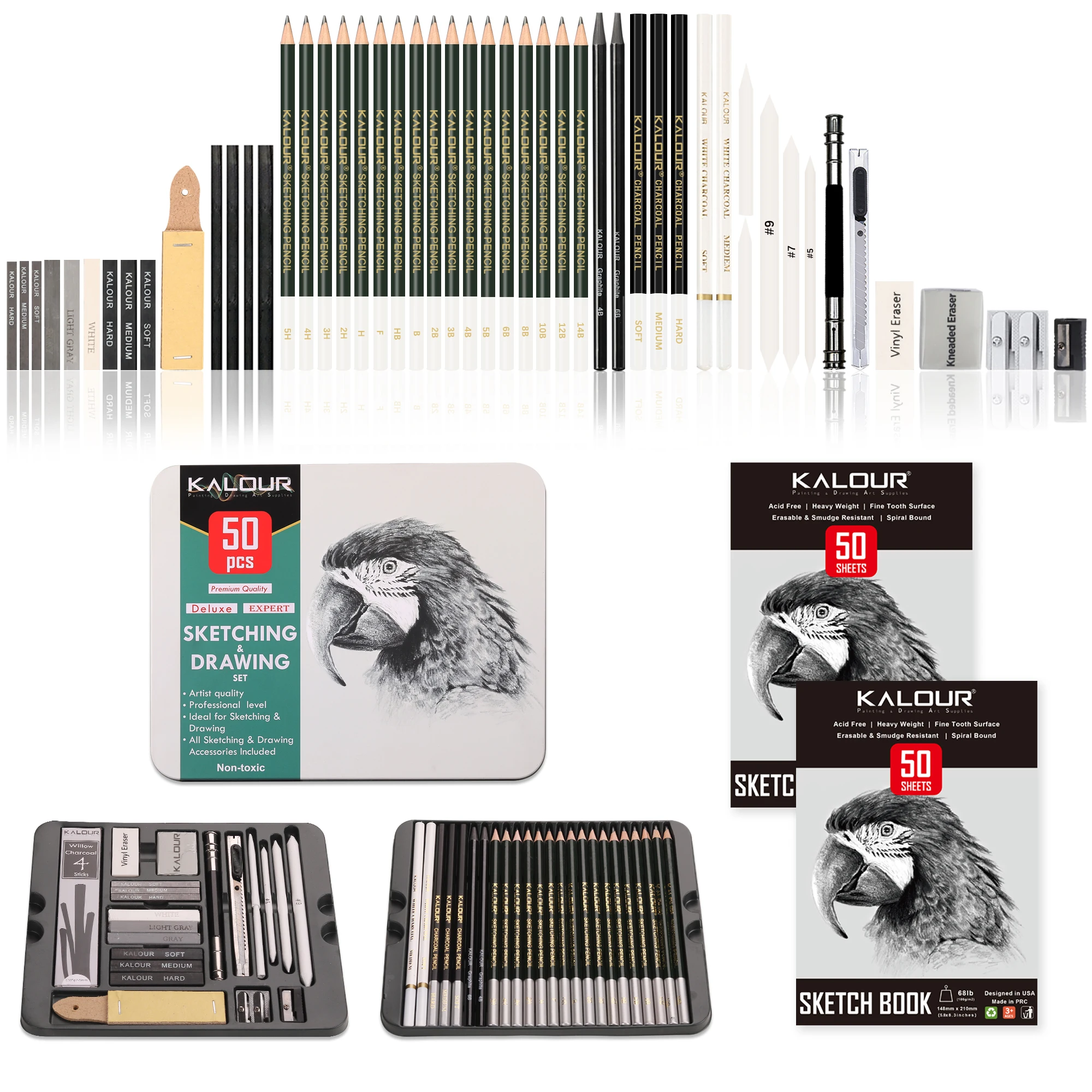 New Product Hot Sale 52pcs Sketching and Charcoal Pencil Drawing Set in Tin Box with 2 Sketch Pad