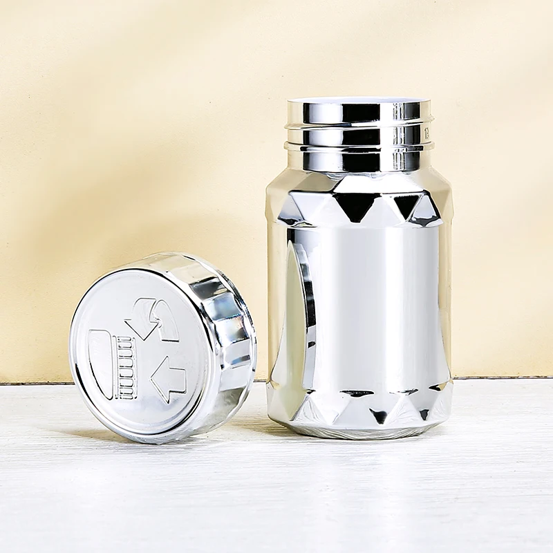 Electroplating process silver high-end plastic bottle for pills medicine vitamin packaging manufacturing empty with silver cap
