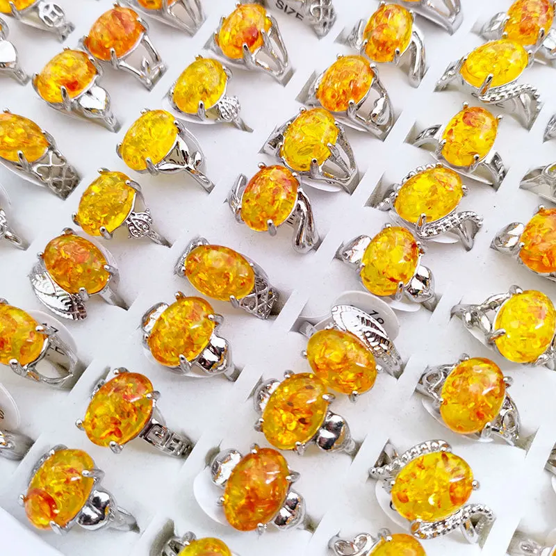 Factory Price African Style Cheap Resin Amber Rings Mixed Styles Ring Women Silver Color Alloy Rings Jewelry Gift Stall Good