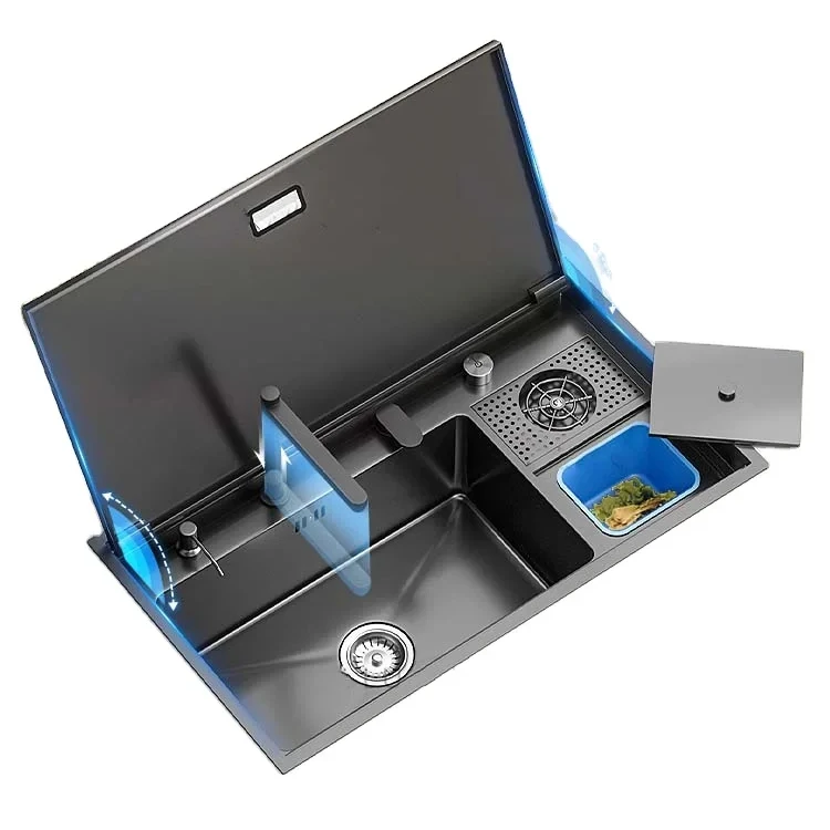9050 Hidden Cup Rinser Kitchen Sink Nanometer Black Flip Cover Large Size 304 Stainless Steel 4mm Thickness Stepped Sinks