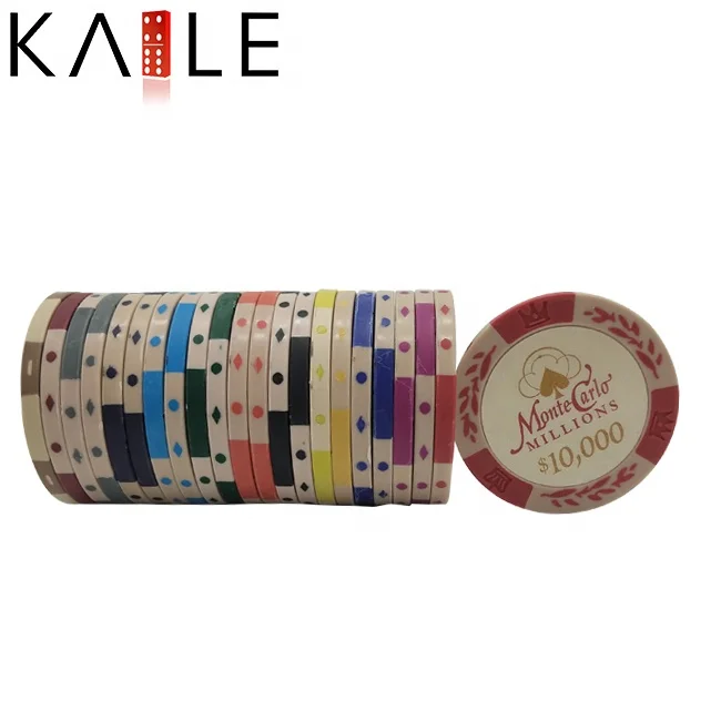 14g two tone clay poker chips monto carlo with unique factory custom colorful denominations stickers for gambling accessaries