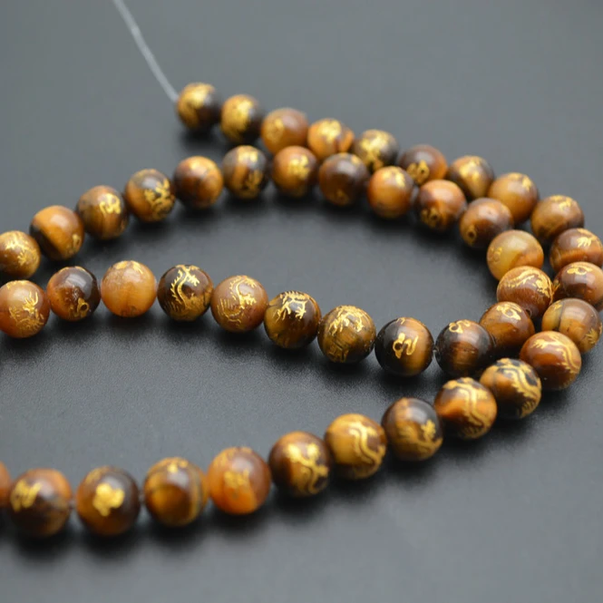 Carved Chinese Dragon Natural Yellow Tiger Eye Stone Round Loose Beads Buddhist Jewelry making supplies