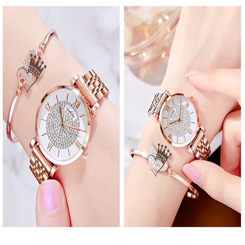 Круглые кварцевые часы, темпераментные полностью алмазные часы из Гипсофилы со стальным браслетом, Подарочная коробка, подарок на день Святого Валентина