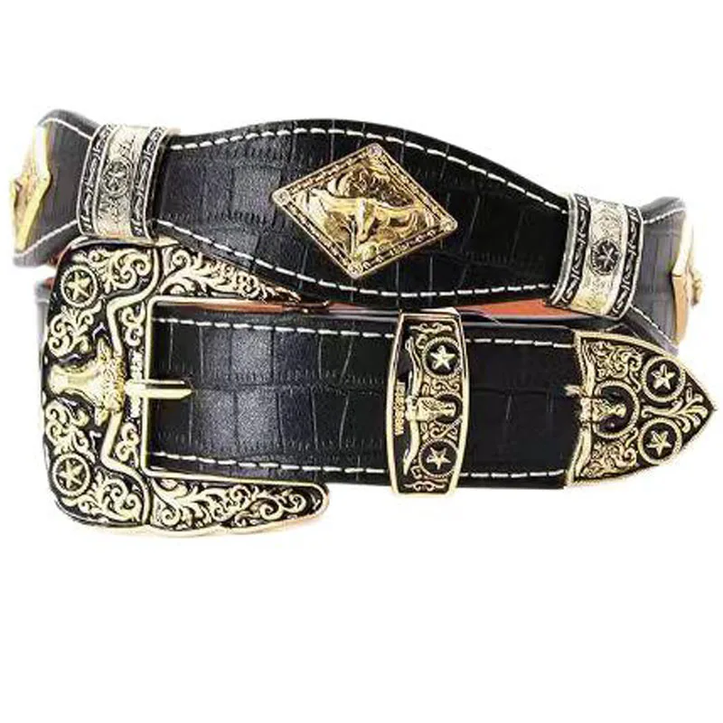 Concho Belt Mens Women Western Cowboy Leather Belt Longhorn Horse Rooster Cowboy Prayer Sheriff Star Decoration