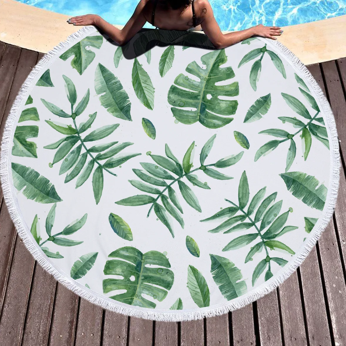 
Round Beach Towel Oversized Blanket Palm Leaves Fruit Print Microfiber Large Round Yoga Picnic Mat Super Water Absorbent Towel 