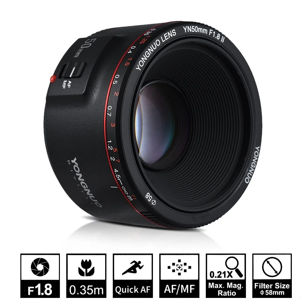 Yongnuo YN50MM F1.8 II AF/MF 0.35M Focus Distance Standard Prime Lens Black for Canon EF Mount EOS Cameras 5D IV 1DX I 200D II 8