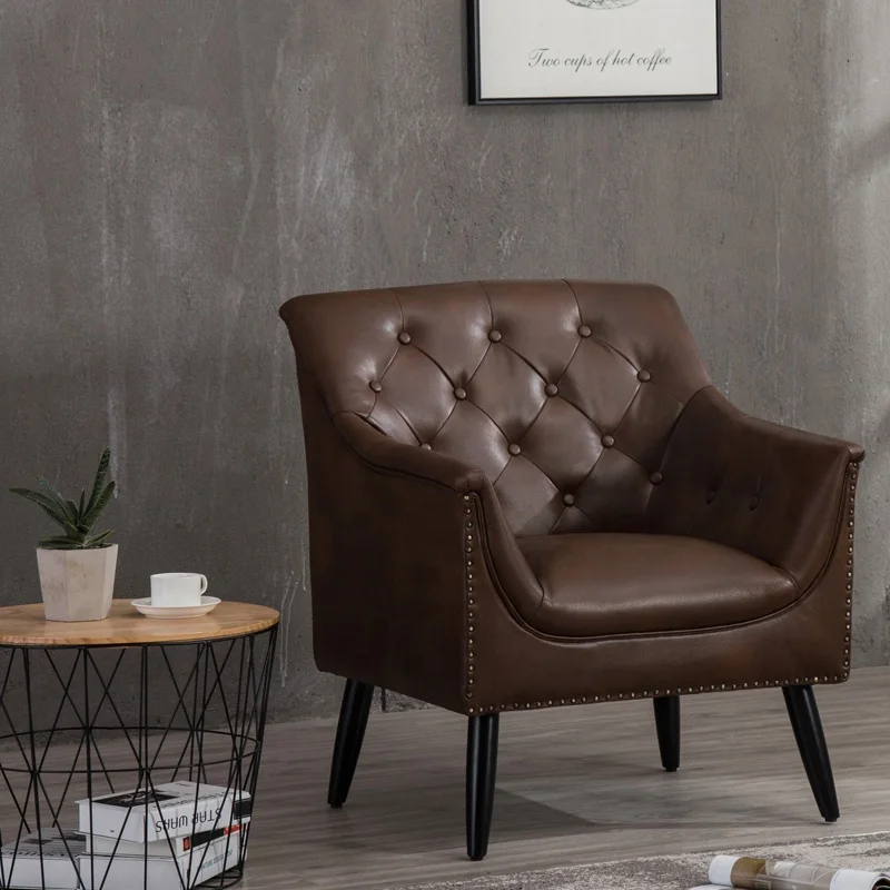 American style vintage leather brown nailhead tufted one seater luxury arm chair