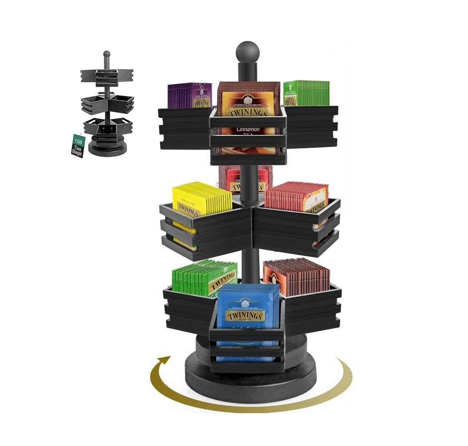 Высококачественная оптовая продажа 3-уровневая складная сумка держатель для хранения вращающаяся карусель с 9 отсеками вращающийся чайный пакетик для кухни
