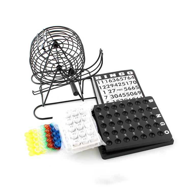 Game Bingo Game Set 8 Inch Metal Cage with Plastic Masterboard 75 Multi-Color Bingo Balls 18 Cards and 150 Chips
