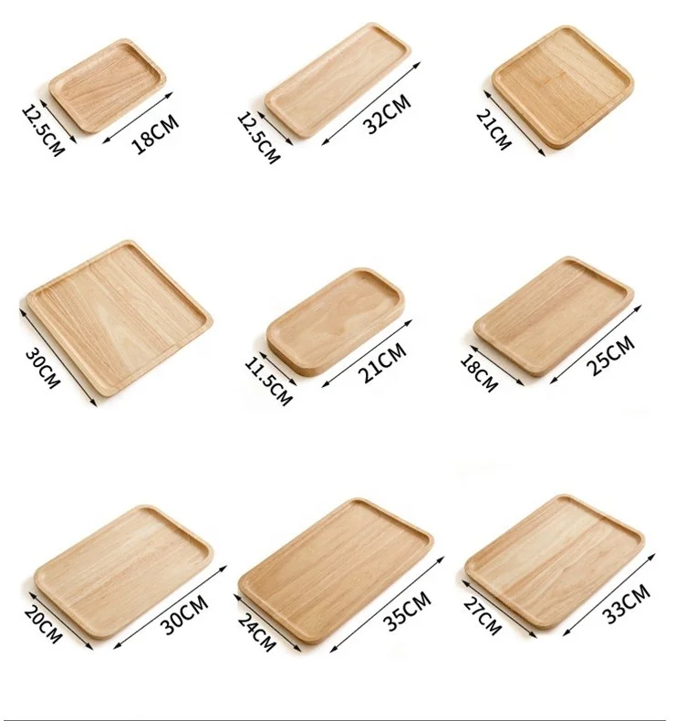 Eco-friendly Food Tray Rubber Wood Square Plate Home Kitchen Many Sizes Natural Wooden Tray Plates