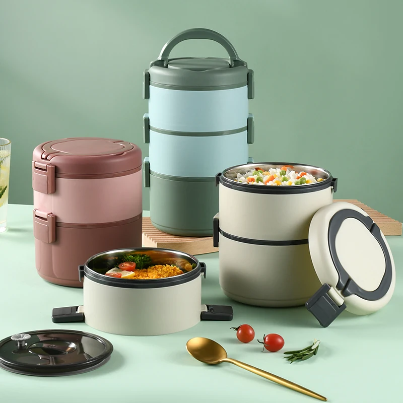 Красочный двухсторонний Ланч-бокс из нержавеющей стали Bento Штабелируемый круглый контейнер для еды с обогреваемым контейнером и удобной ручкой