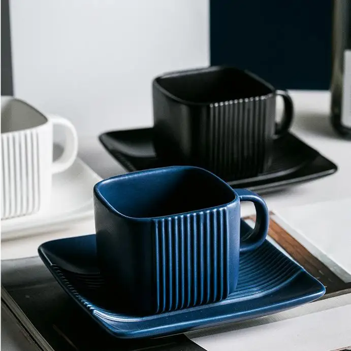 Square Straight Grain Coffee Cup Set Wood Cover Creative Ceramic Tea Set With Saucer Coffee Tea Pot and Cups