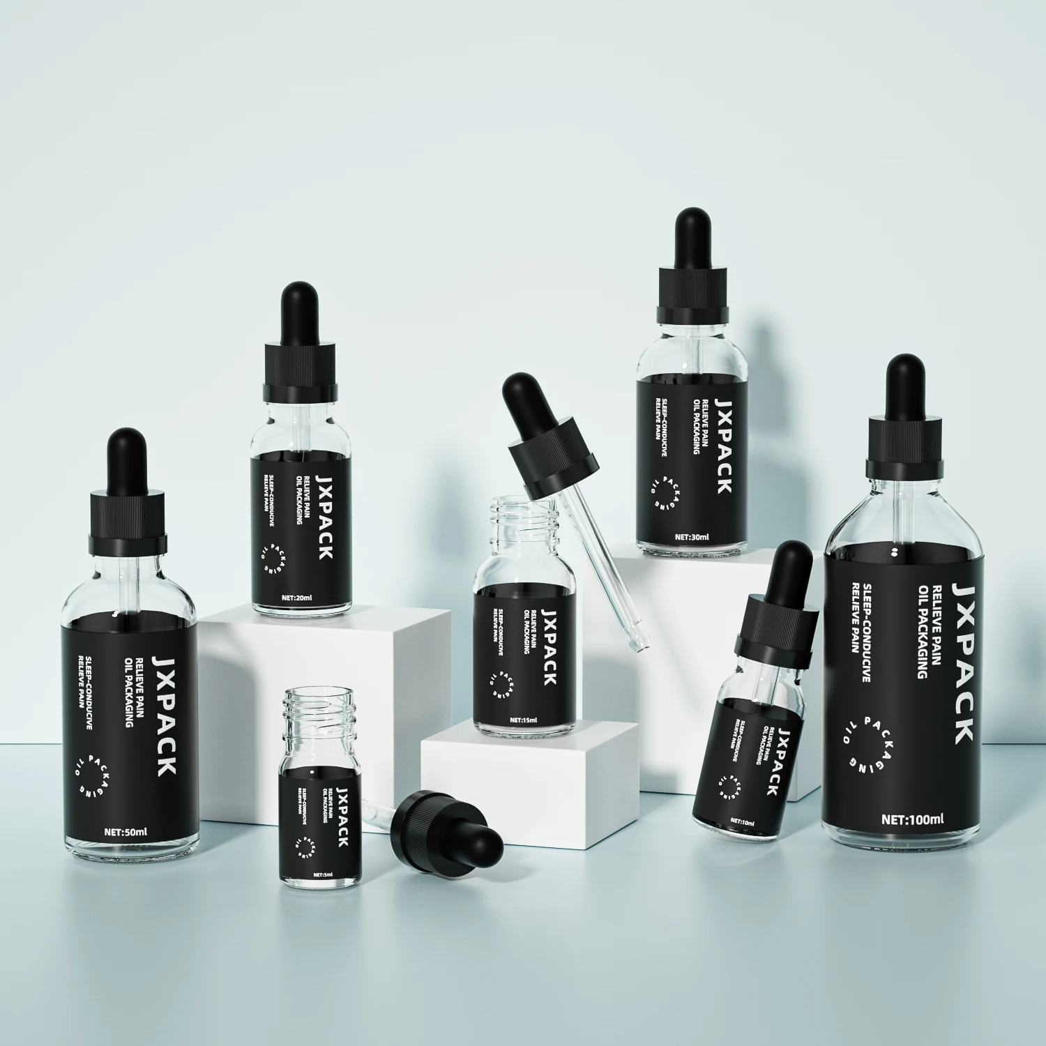 wholesale empty bottle essential oil 5ml 10ml 20ml 30ml 50ml 100ml child-proof oil dropper bottle flask with black dropper