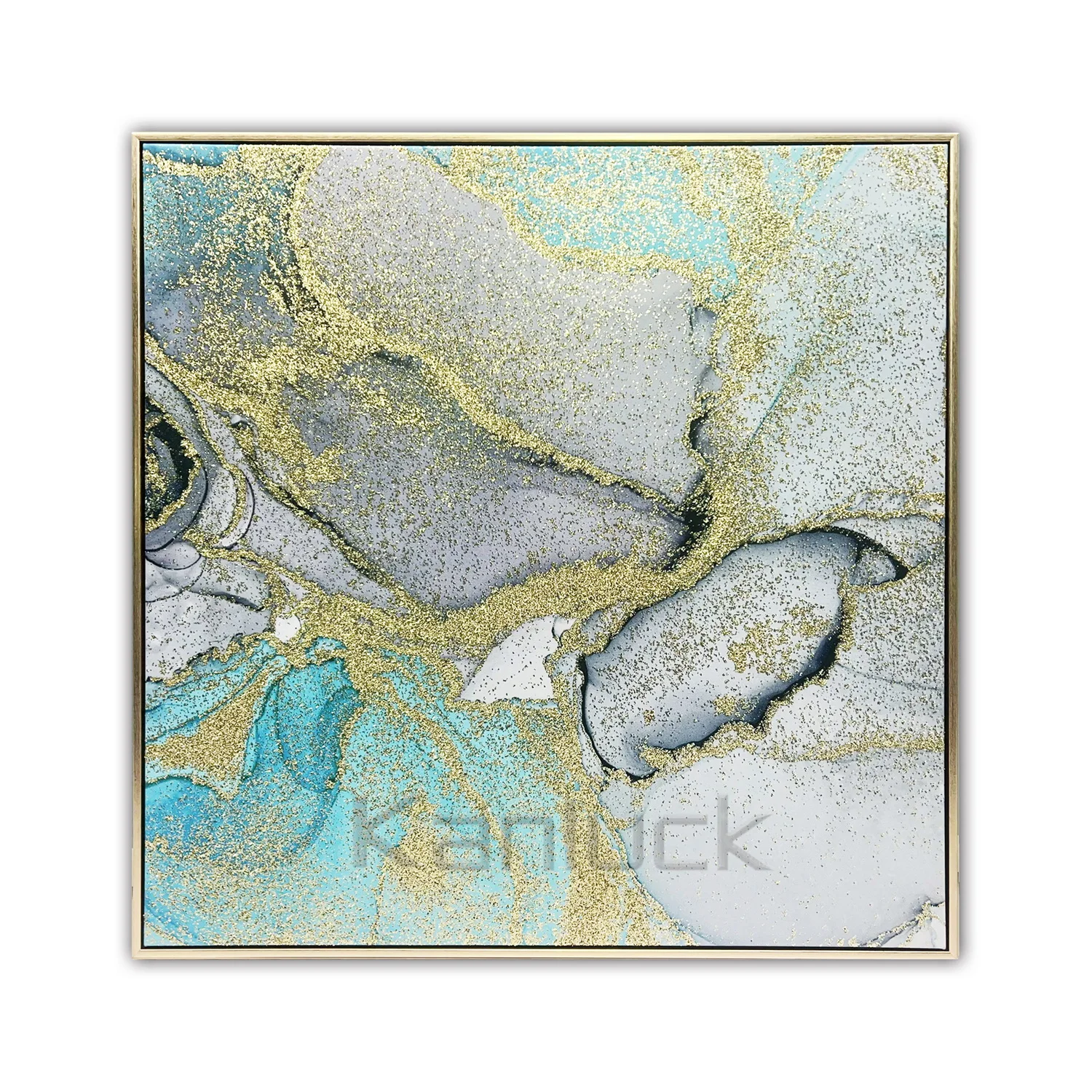Blue Waves And Golden Swirls Abstract  Floating Frame Canvas Wall Art With Chunky