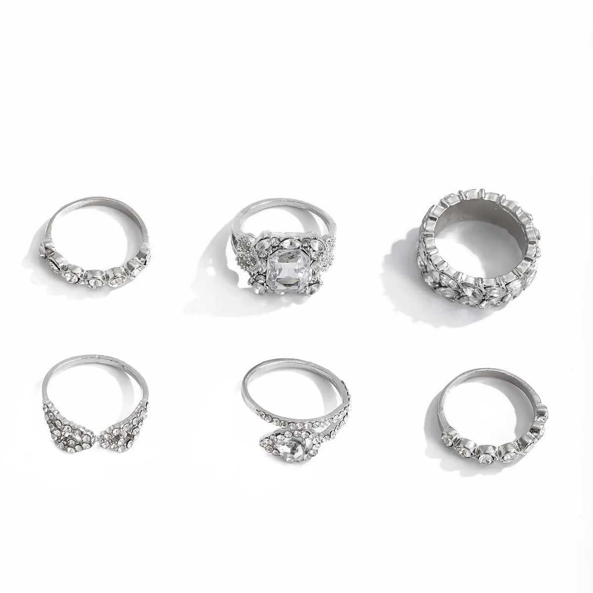  6pcs/set Bohemia Chic Fashion Geometric Waterdrop Crystal Diamond Alloy Finger Ring for Women