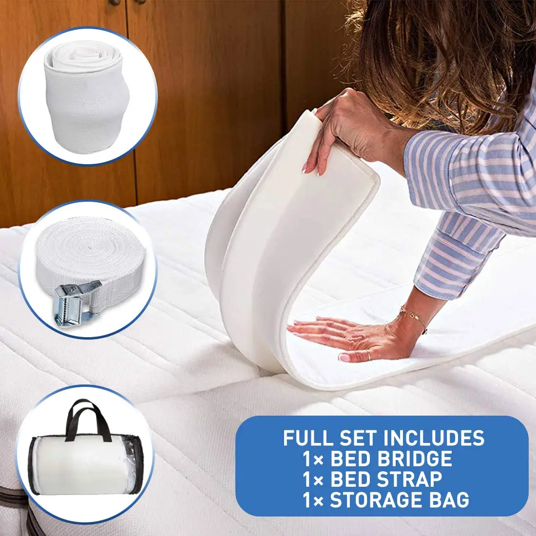 Twin to King Bed Converter Kit with Memory Foam Strap Mattress Connector & Fabric Bed Gap Filler for Home Furniture Use