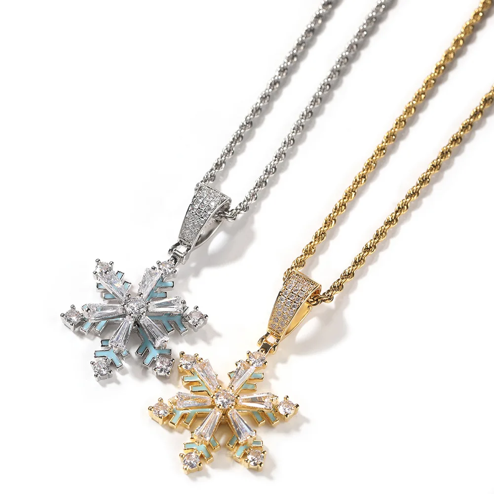 Fashion Rotating Snowflake Luminous Drip Oil Pendant Glow Zircon Snow Necklace