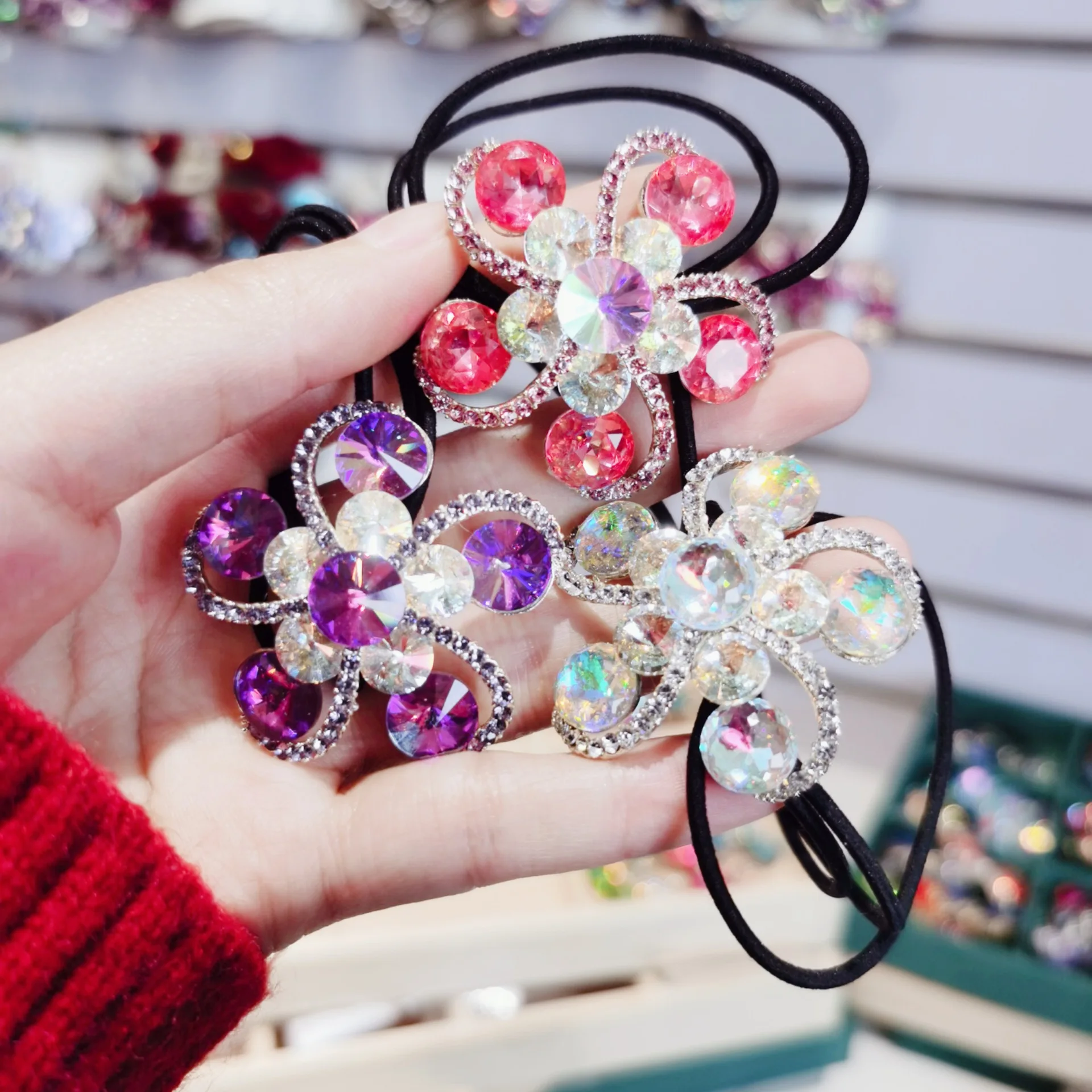 New Crystal Flower Hair Rope Adult Rhinestone Elastic Hair Bands