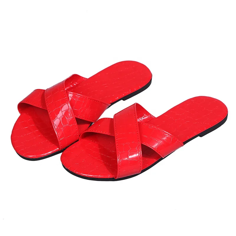 
Modern stylish big size women stone pattern flat house indoor ladies open toe cross strap slides slippers 