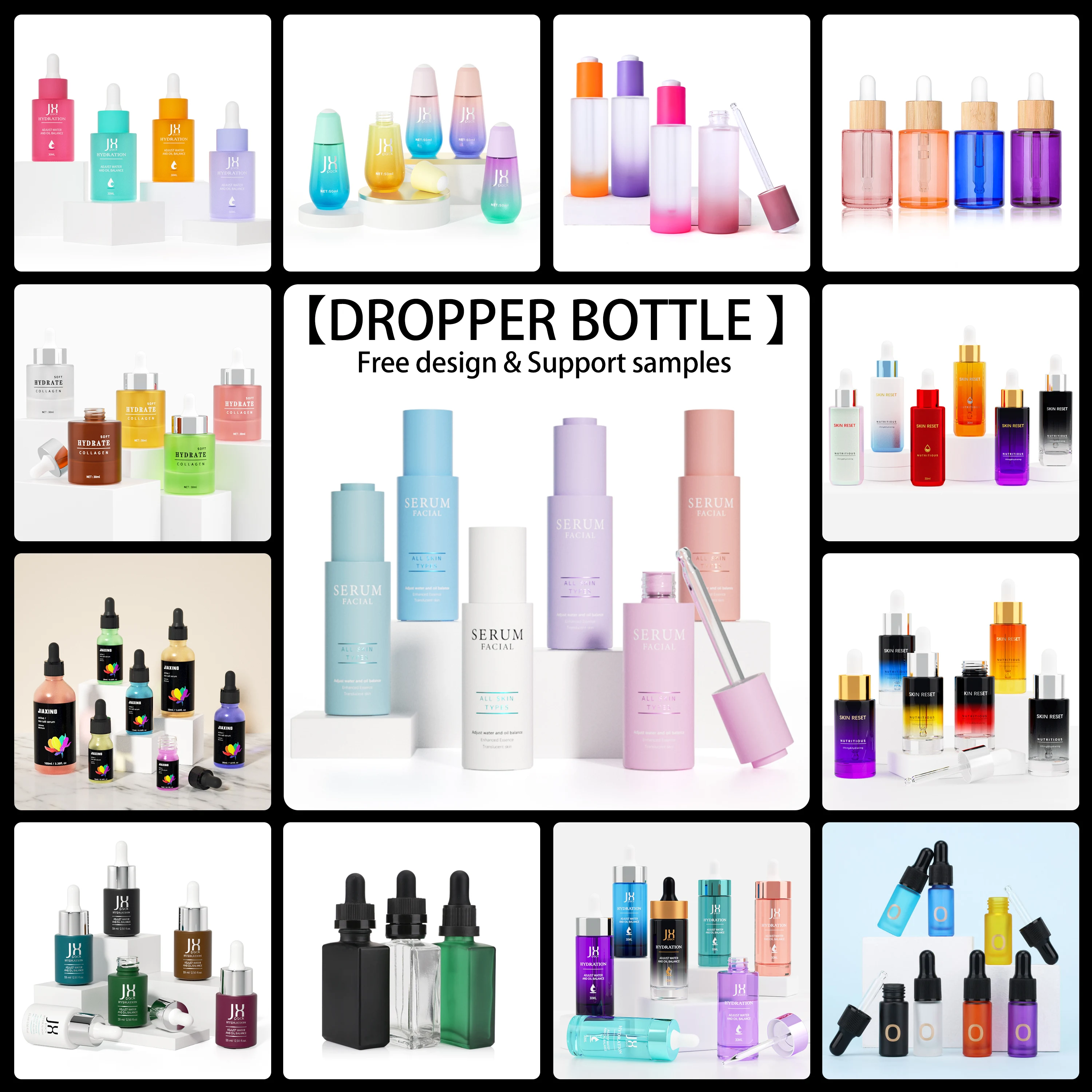 Custom frosted serum oil bottle push button cap pink purple blue white color glass cosmetic press pump dropper bottle