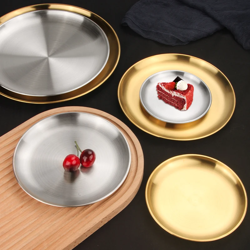 Multi-function Silver Kitchen Outdoor Dishes Sets Stainless Steel Camping  Round Plate Serving Tray Western Steak Round Tray