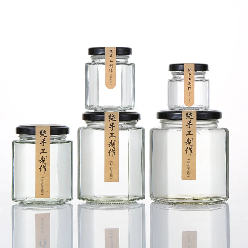 Wholesale Jam Honey Container Cream Jar  45ml 60ml 85ml 100ml 180ml 280ml 380ml Canning Caviar Food Storage Hexagon Glass Jar